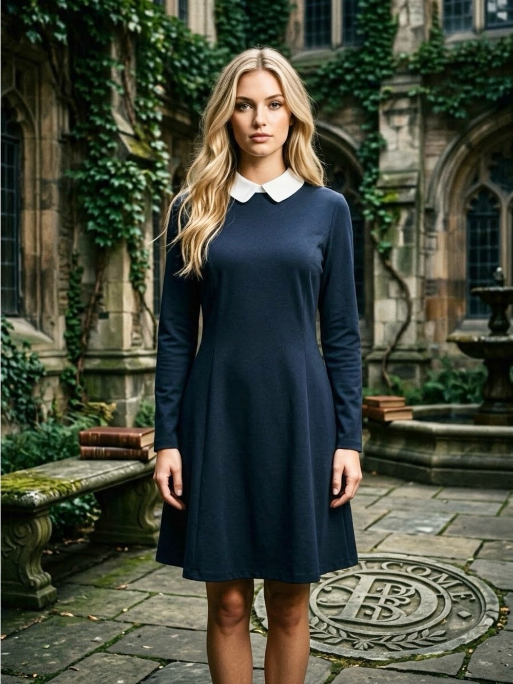 APHRATTI Dark Navy White Peter Pan Collar Dress Wednesday Addams Dark Academia